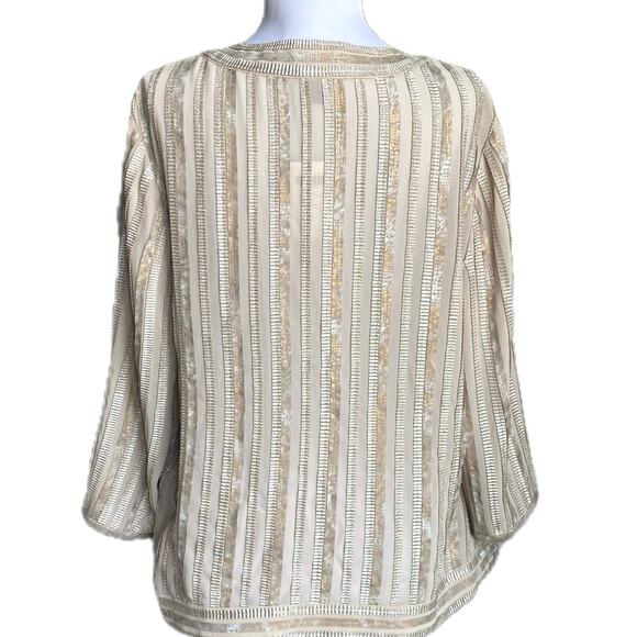 NEW CHICO’S Travelers Gilded Stripe Open Sheer Light Jacket SZ 1 M Tan Metallic - Picture 6 of 12